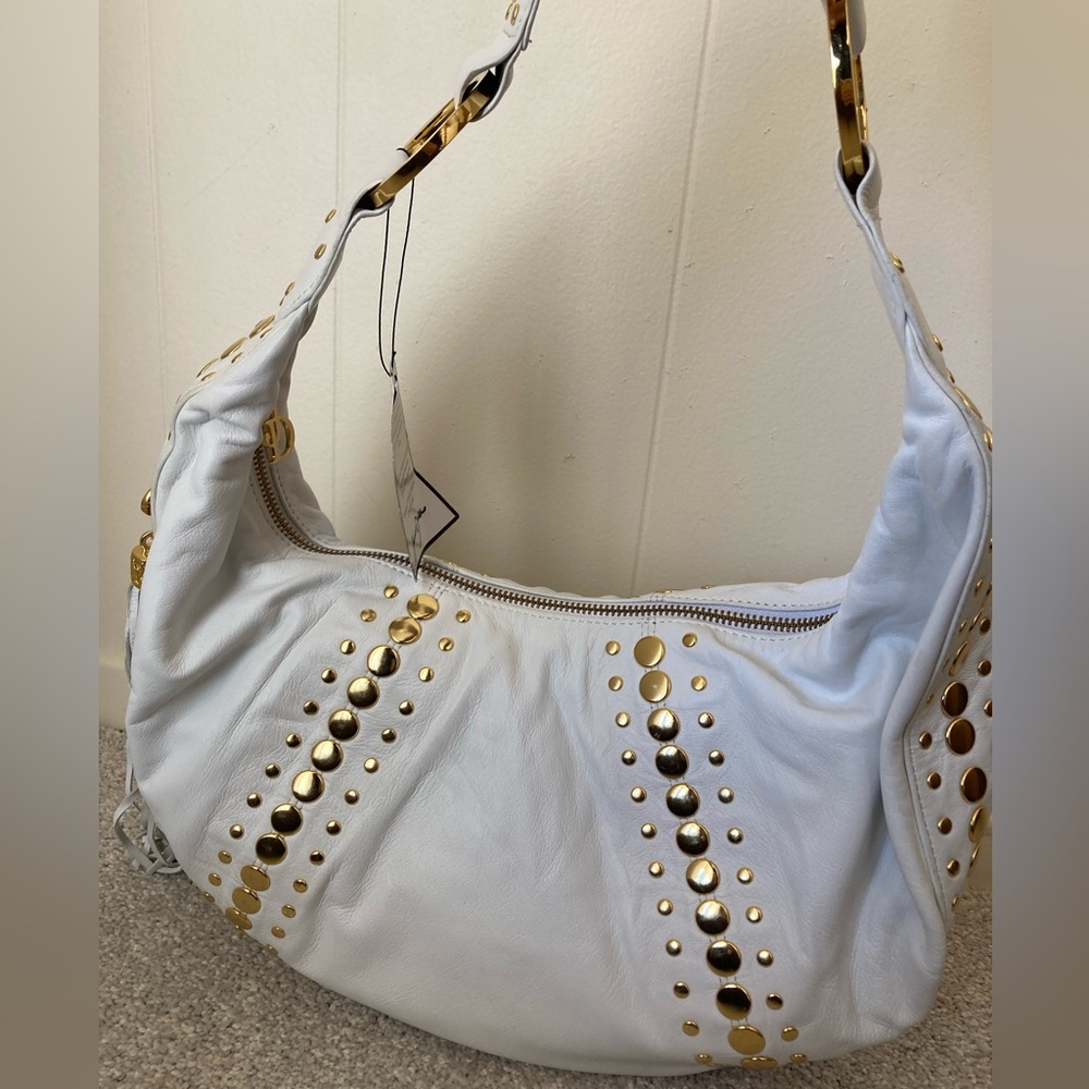NWT ✨ Y2K Junior Drake White Leather Gold Studded Hobo Handbag Purse Bag - Picture 3 of 15